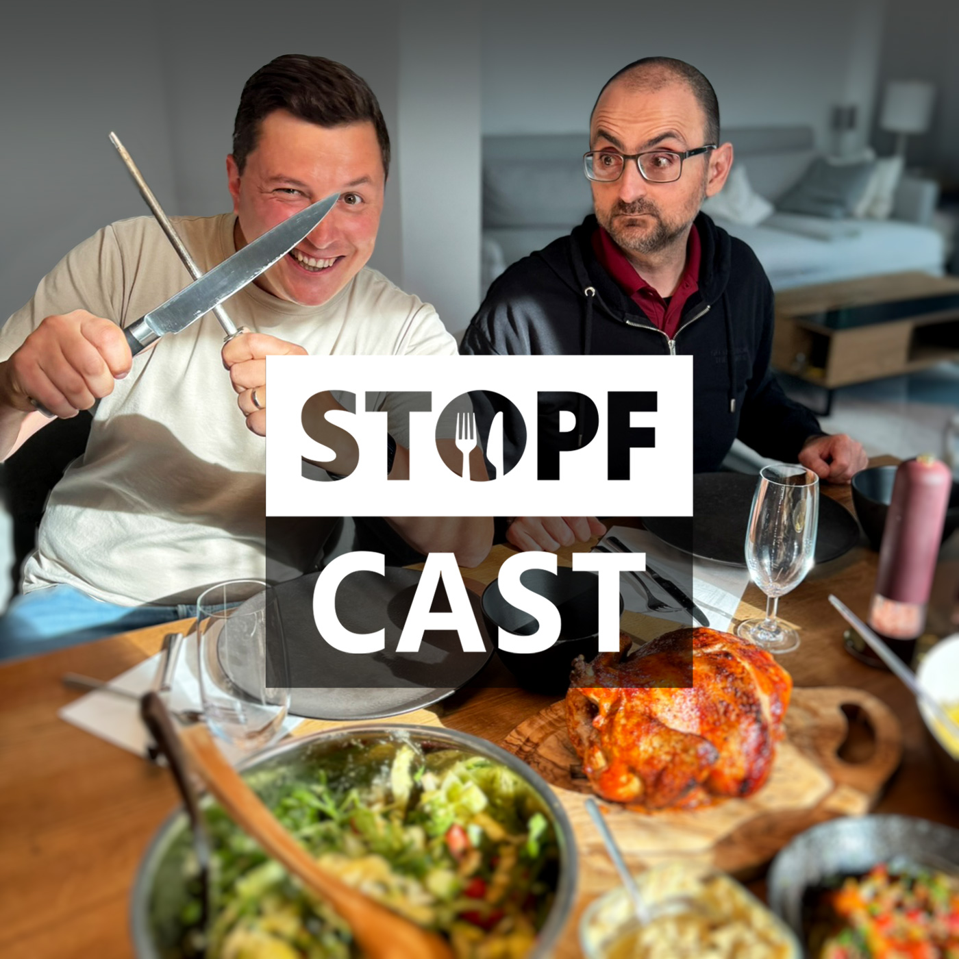 StopfCast Cover 2025 — Felix und Corc am gedeckten Tisch